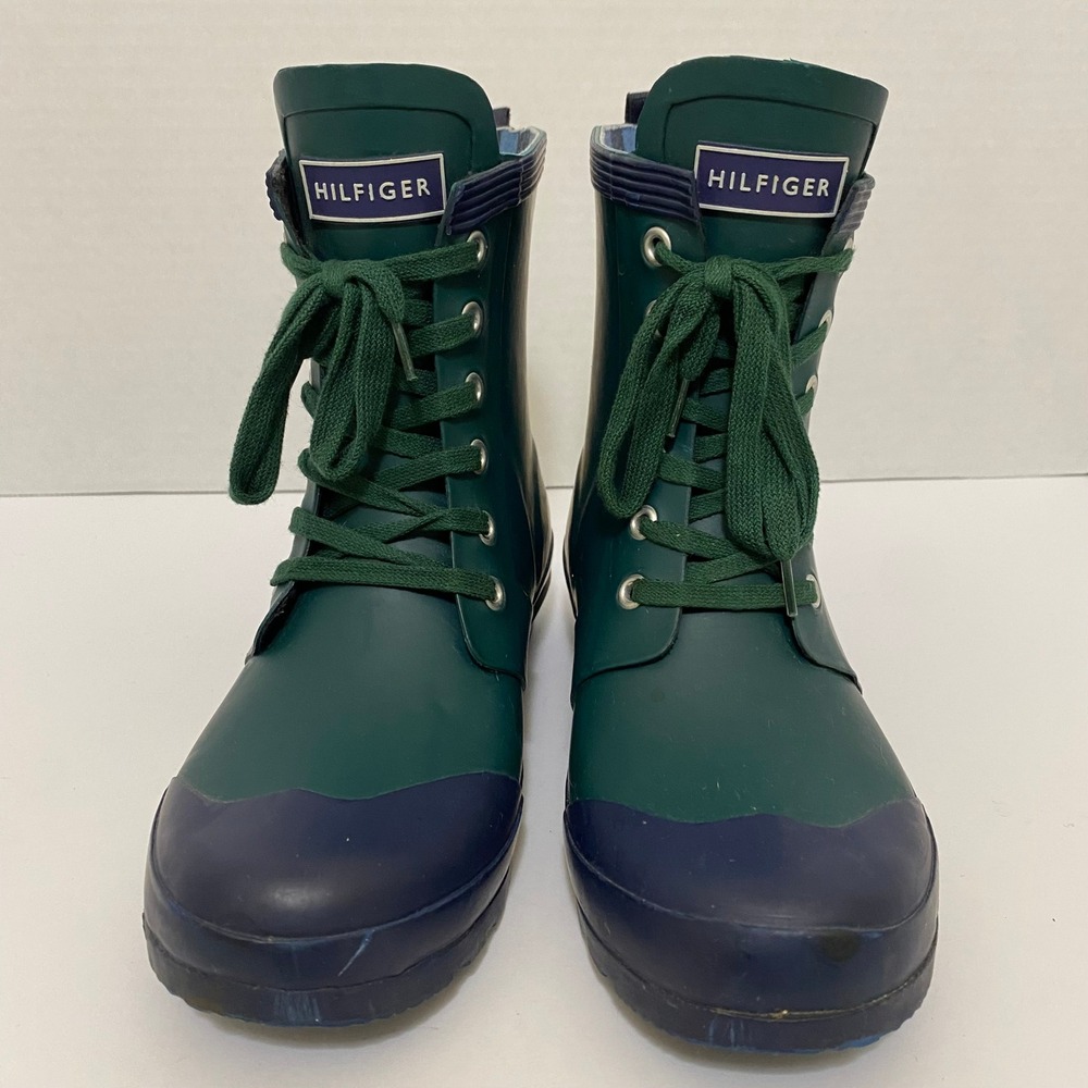 Tommy Hilfiger Gorpcore Rain Boots Women Size 7 Green Navy Lace Up Waterproof - Picture 3 of 7